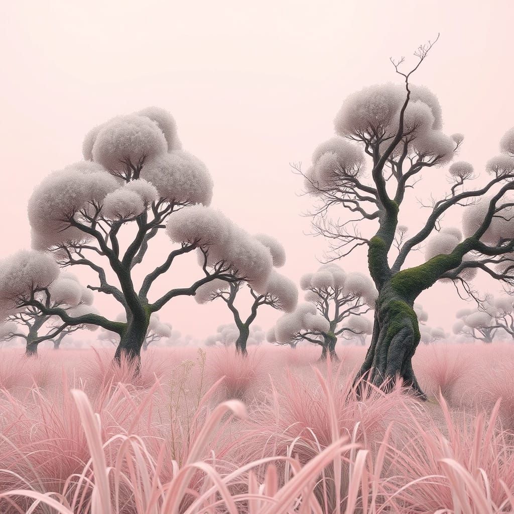 Dreamy Japanese Landscape in Soft Pink Monochrome