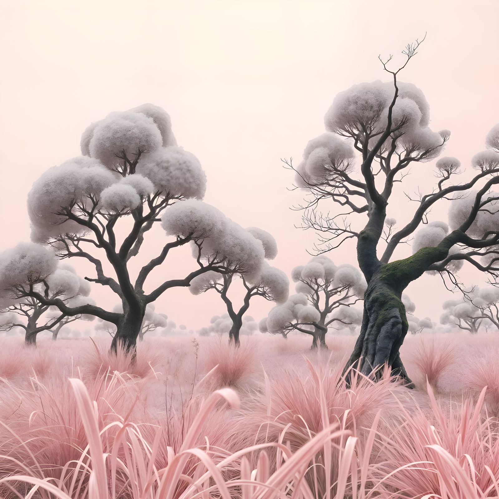Dreamy Japanese Landscape in Soft Pink Monochrome
