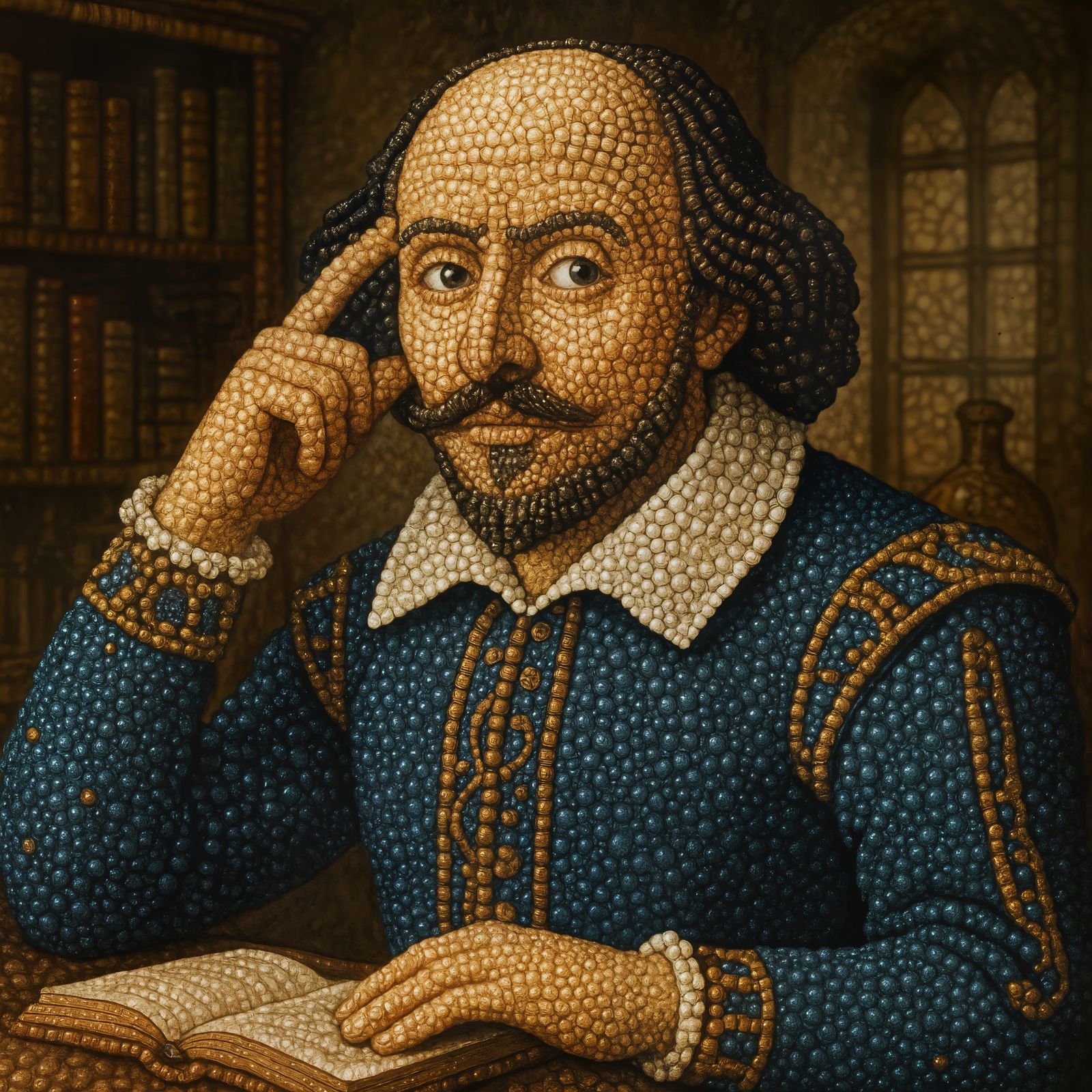 Beaded Shakespeare in Medieval Study: Detailed CGI Rendering