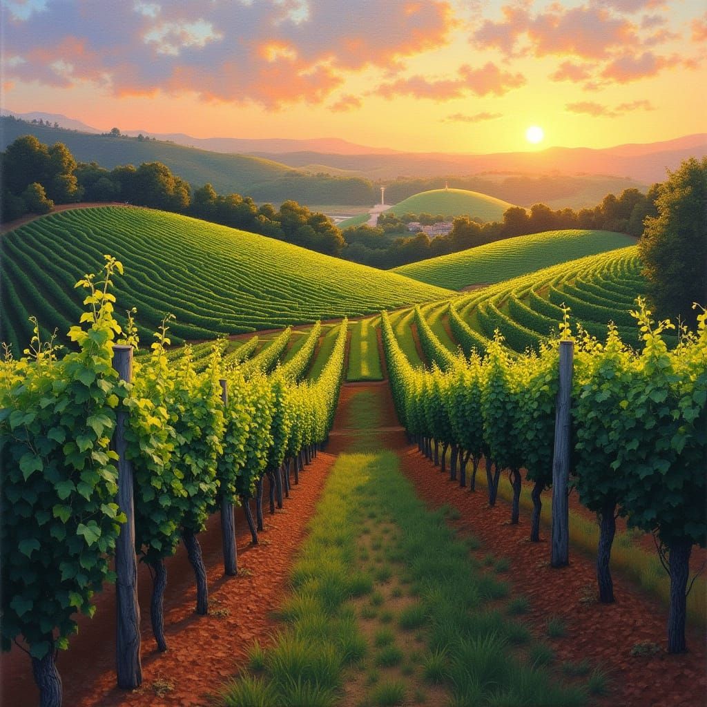 Serene Wineyard Landscape at Dusk in Impressionist Style