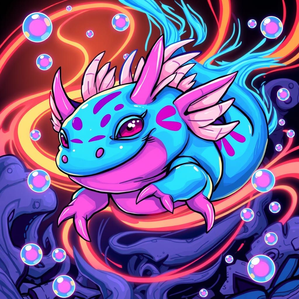 Electric Blue Axolotl in a Whimsical Neon Wonderland