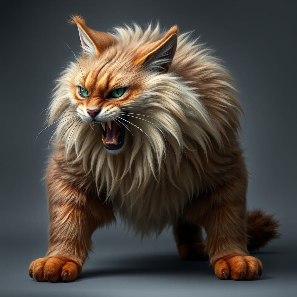 Fierce Turkish Angora Cat Roaring, Photorealistic Art