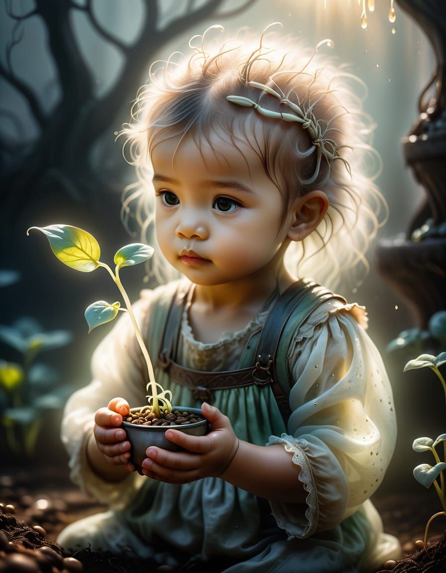 Toddler Nurturing Bean Sprout: Whimsical Fantasy Art
