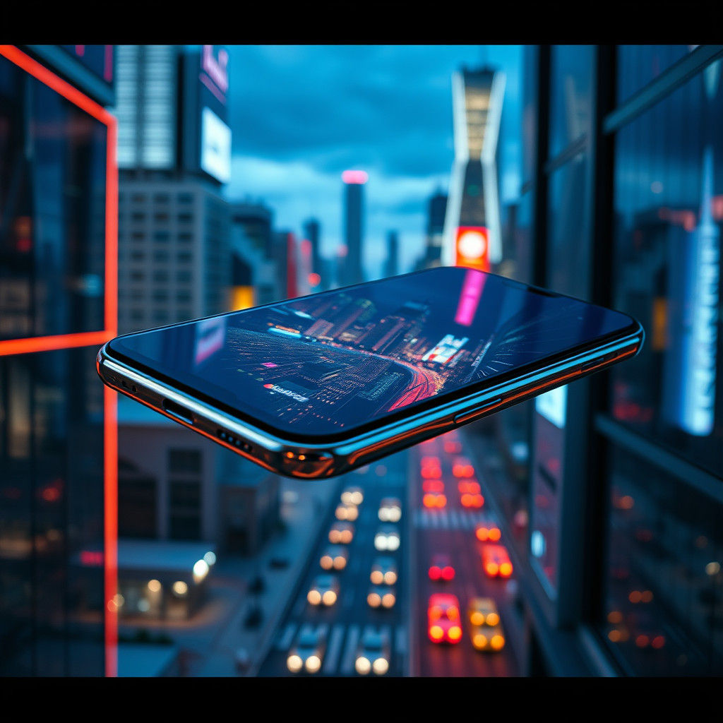 Sleek Smartphone Displaying Cityscape with Neon Lights