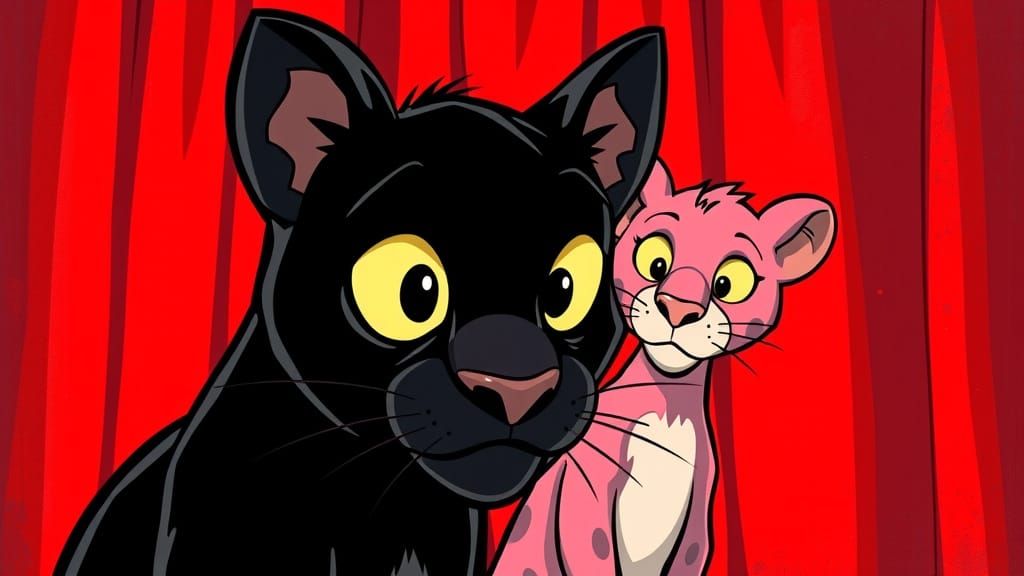 Black Panther Portrait with Pink Panther in Whimsical Style
