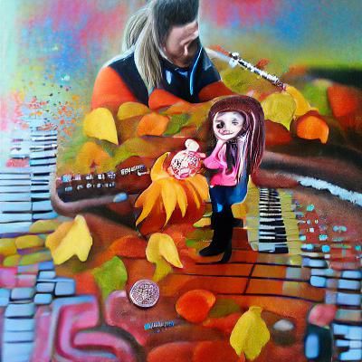 Musician Caring for Girl in Colorful Autumn Acrylic Art