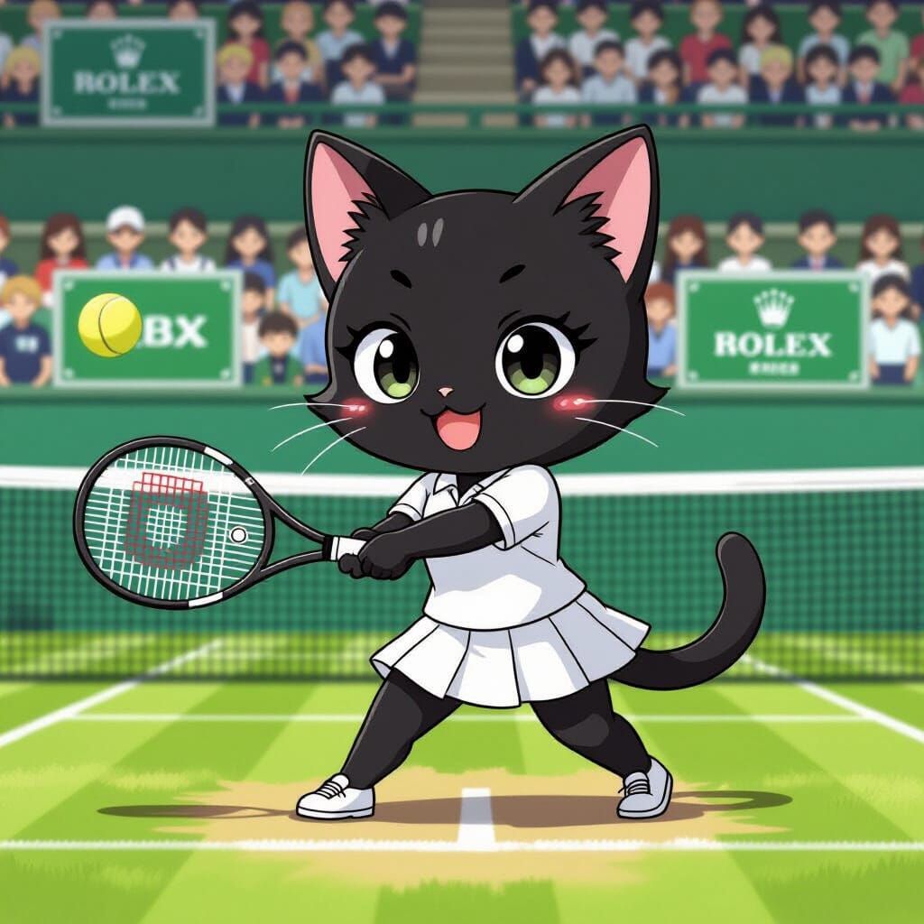 Black Cat Chibi Plays Tennis at Wimbledon