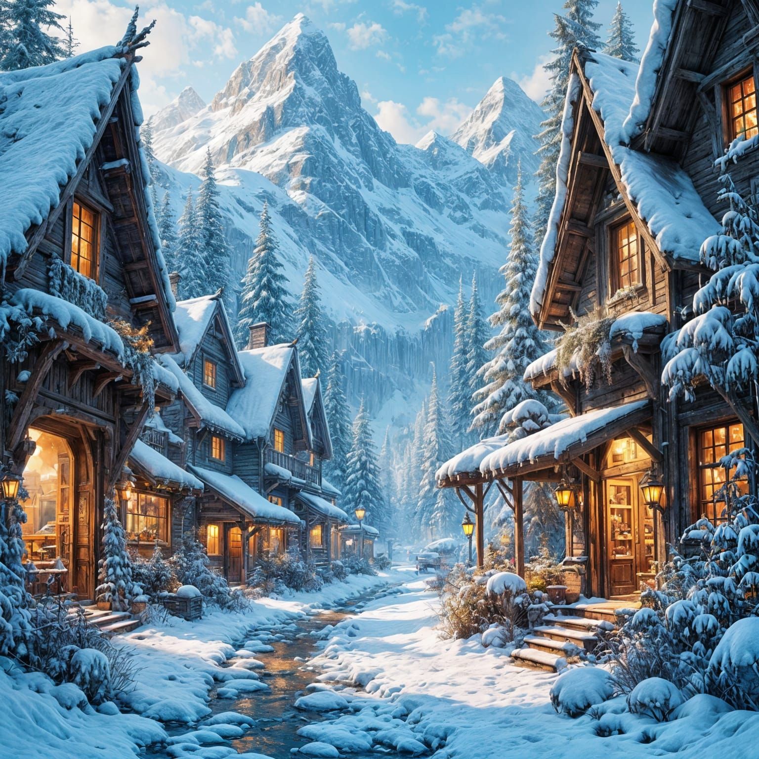 Cyberpunk Winter Village with Neon Lights and Mountains