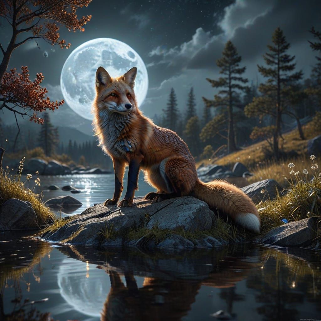 Majestic Red Fox in Moonlight: Photorealistic Dark Fantasy