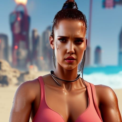 wet tanned big muscular female physique half cyborg enhanced realistic female jessica alba face, sunny day, at beach, 4k