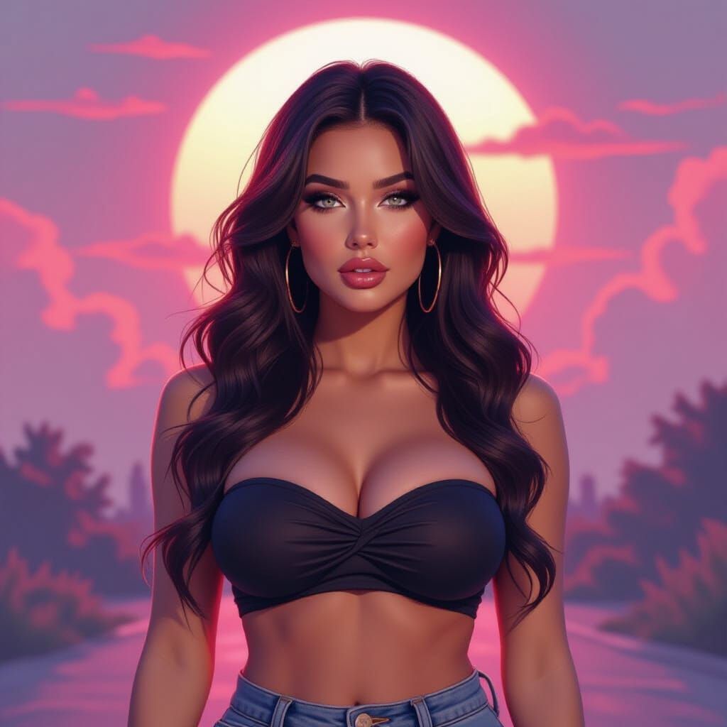 Woman's Pensive Stroll Under Moody Pink and Purple Sky