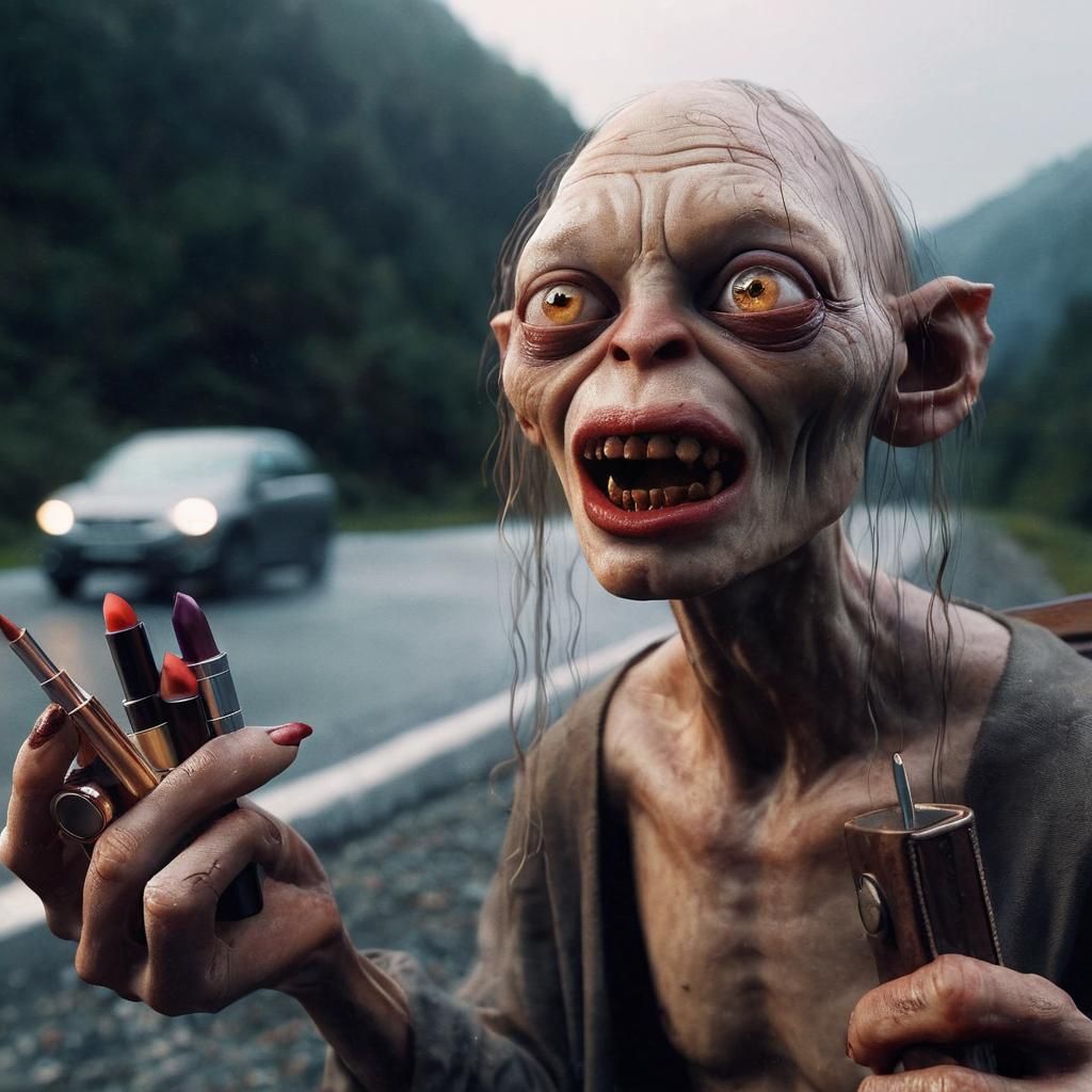 Gollum with Makeup Hitchhiking: Photorealistic Digital Art
