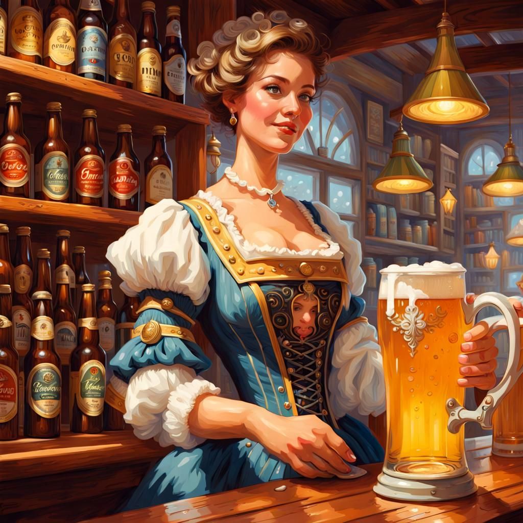 Fantastical Swiss Lady Serving Beer in Gouache Style