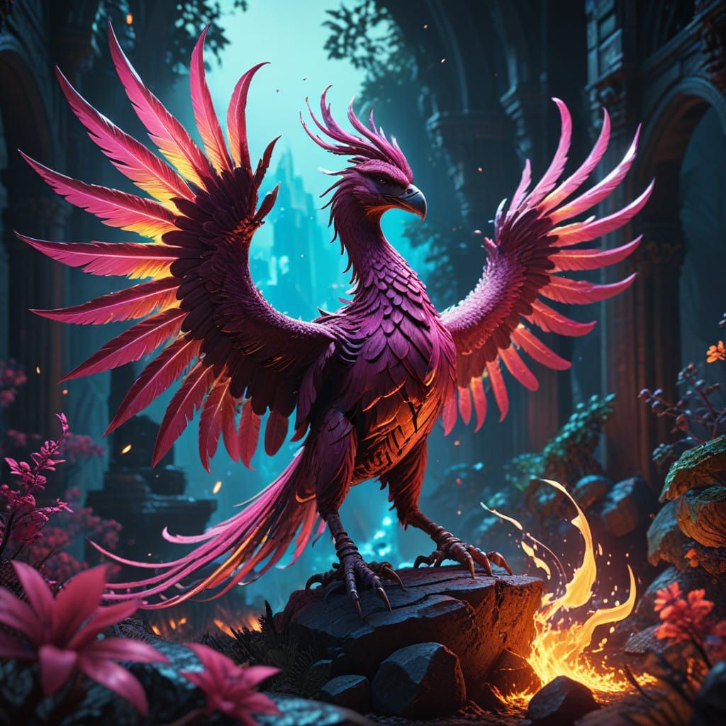Surreal Hot Pink Phoenix in Cinematic Film Still Style
