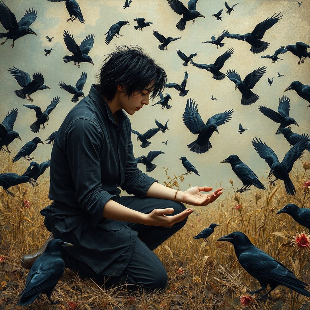 Surreal Landscape: Man, Crows, and Musical Notes