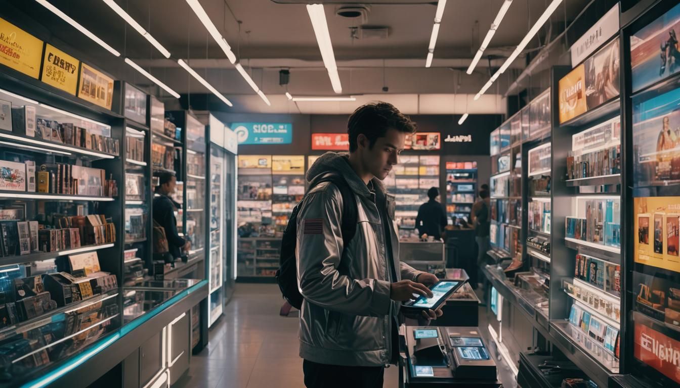 Futuristic Storefront Scene with Gadgets in Cinematic Style