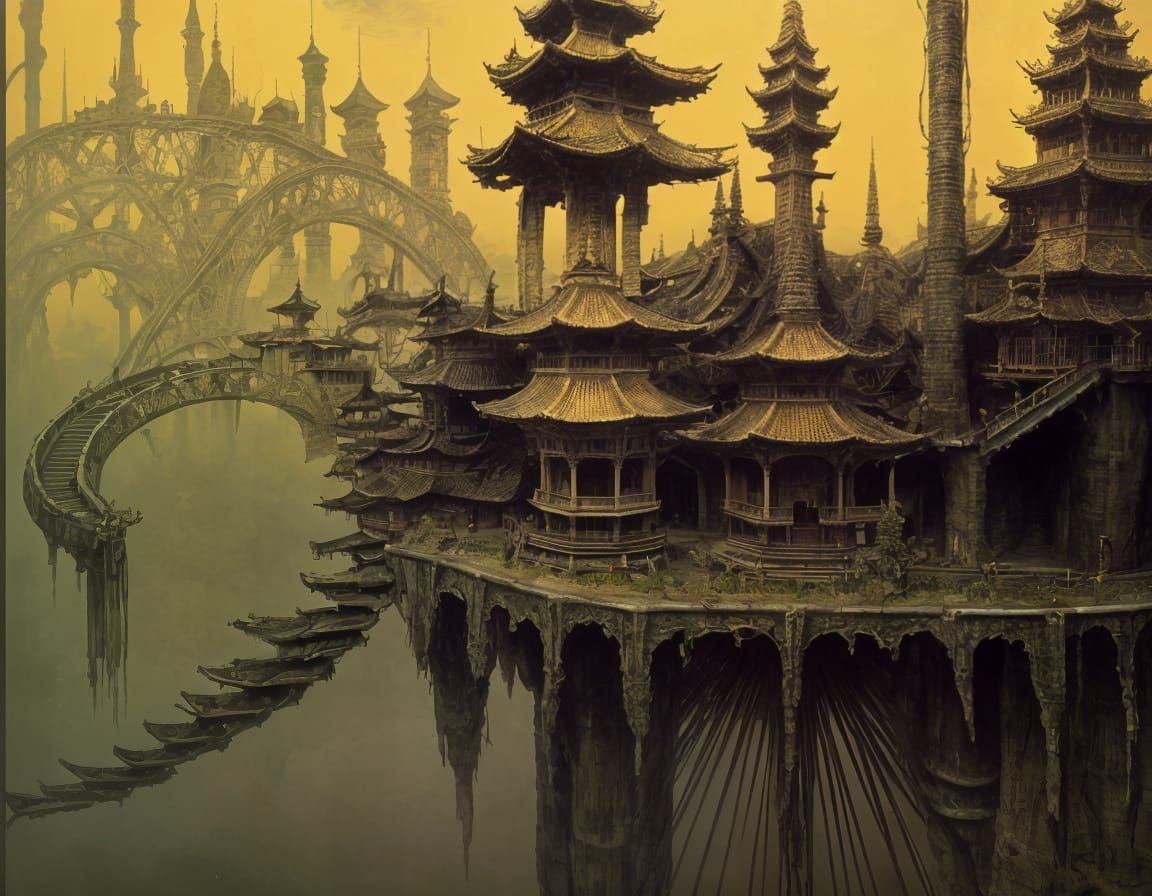 Surreal Japanese Pagoda Landscape in a Dreamlike Atmosphere