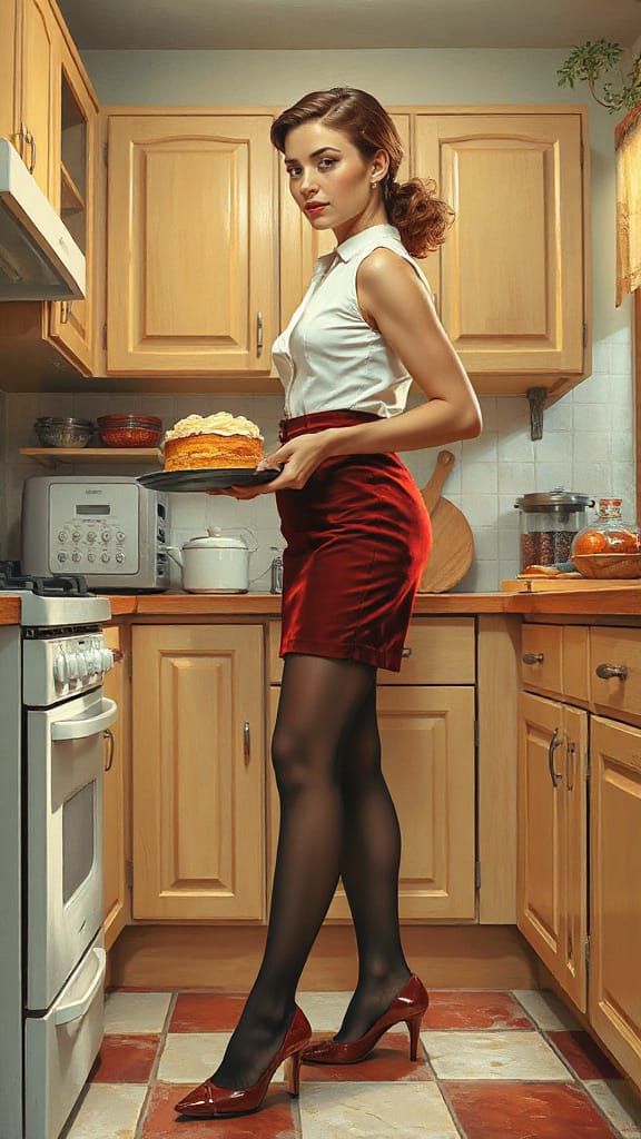 Mid-Century Tradwife Baking: Hyperrealistic Concept Art