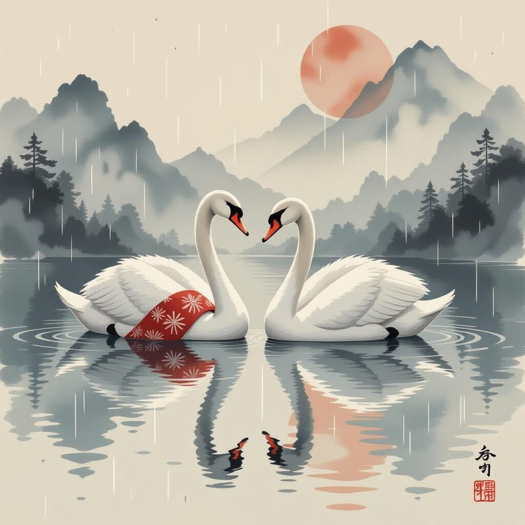 Swans in Japanese Attire: Ukiyo-e Inspired Reflection