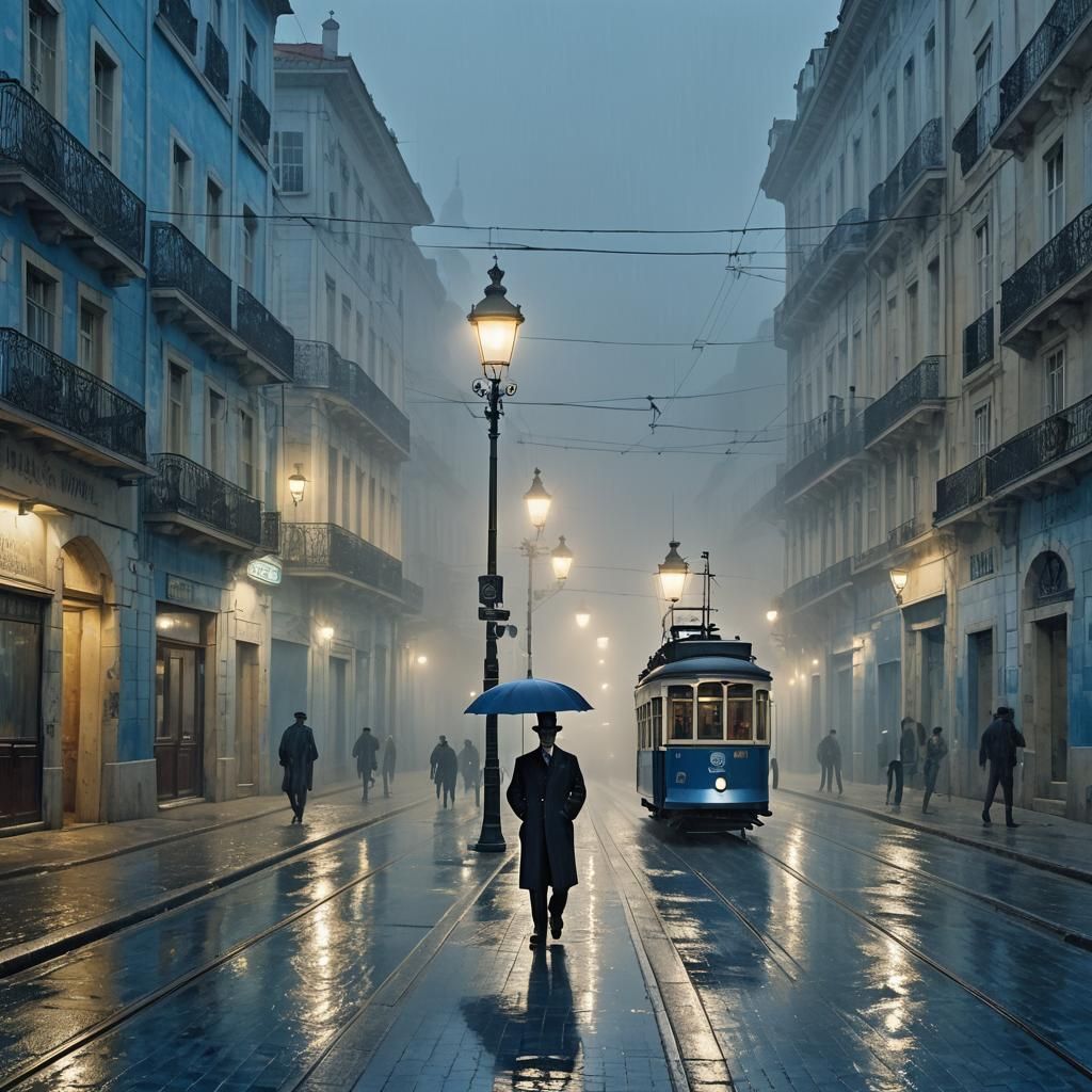 Fernando Pessoa Walks a Blue Lisbon Street