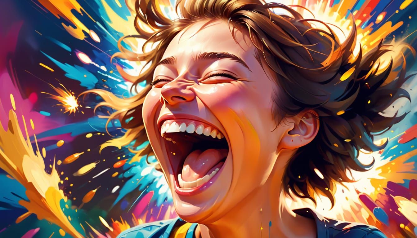 Vibrant Portrait of Laughing Person in Digital Art Style