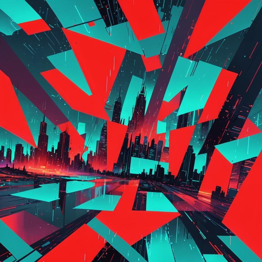 Glitched Neofuturistic Cityscape in Van Gogh Style