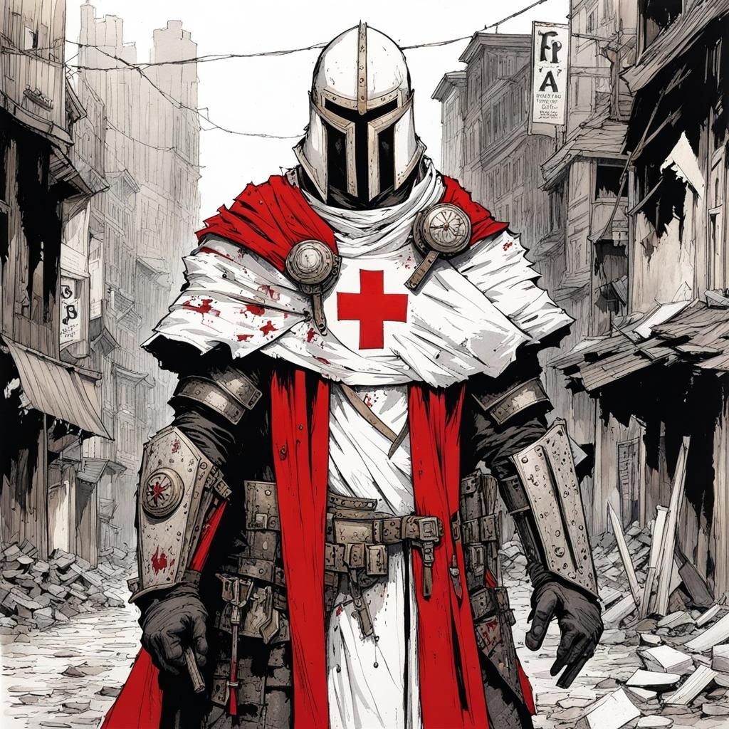 Post-Apocalyptic Paladin Portrait in Pen and Ink Style