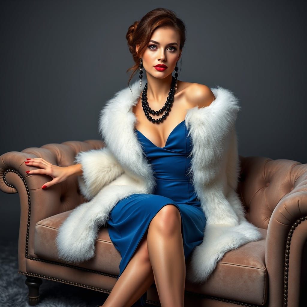 Stunning Woman in Exquisite Fur Coat, Elegant Updo, and Glit...