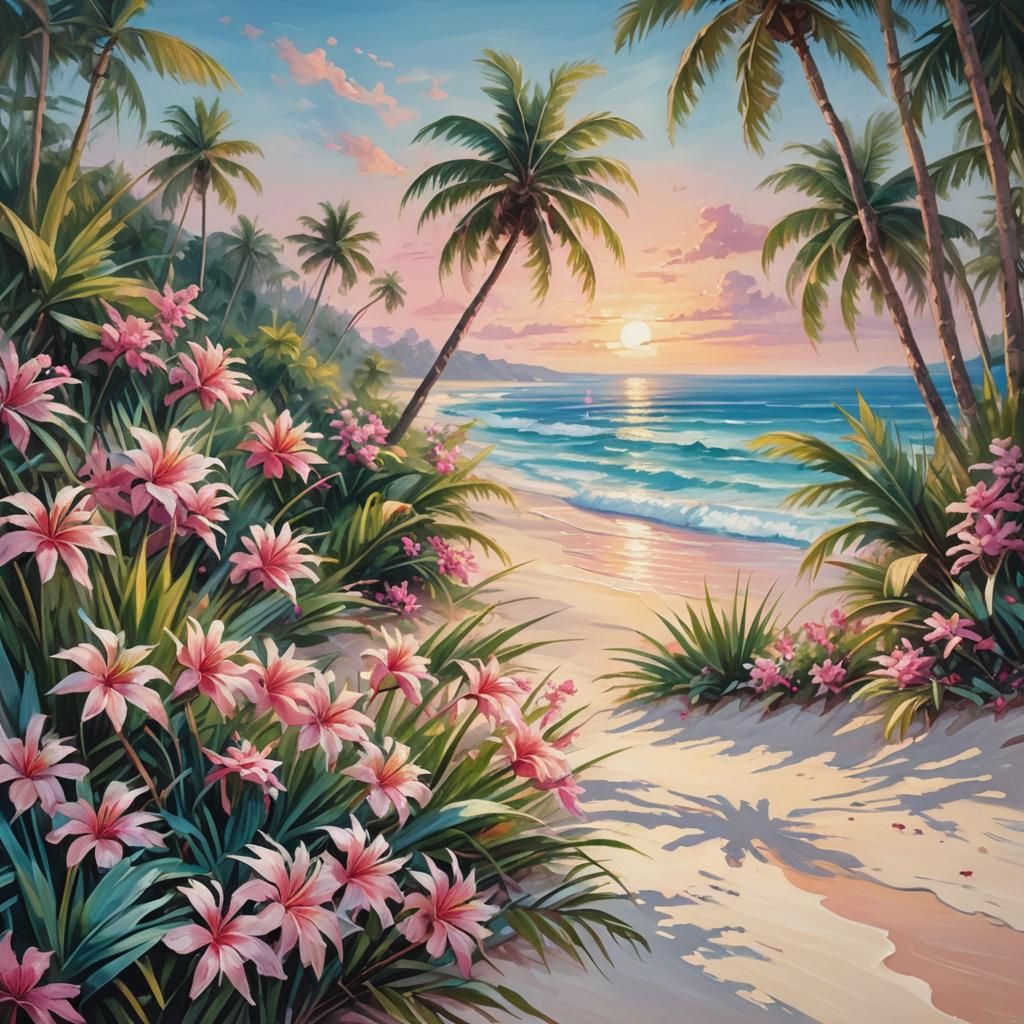 Tropical Beach Paradise in Vibrant Oil Painting