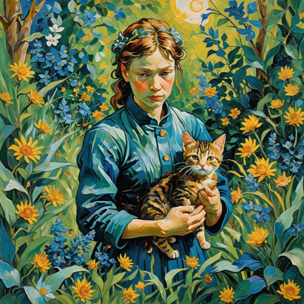 Fairy and Kitten in Neo-Expressionist Garden
