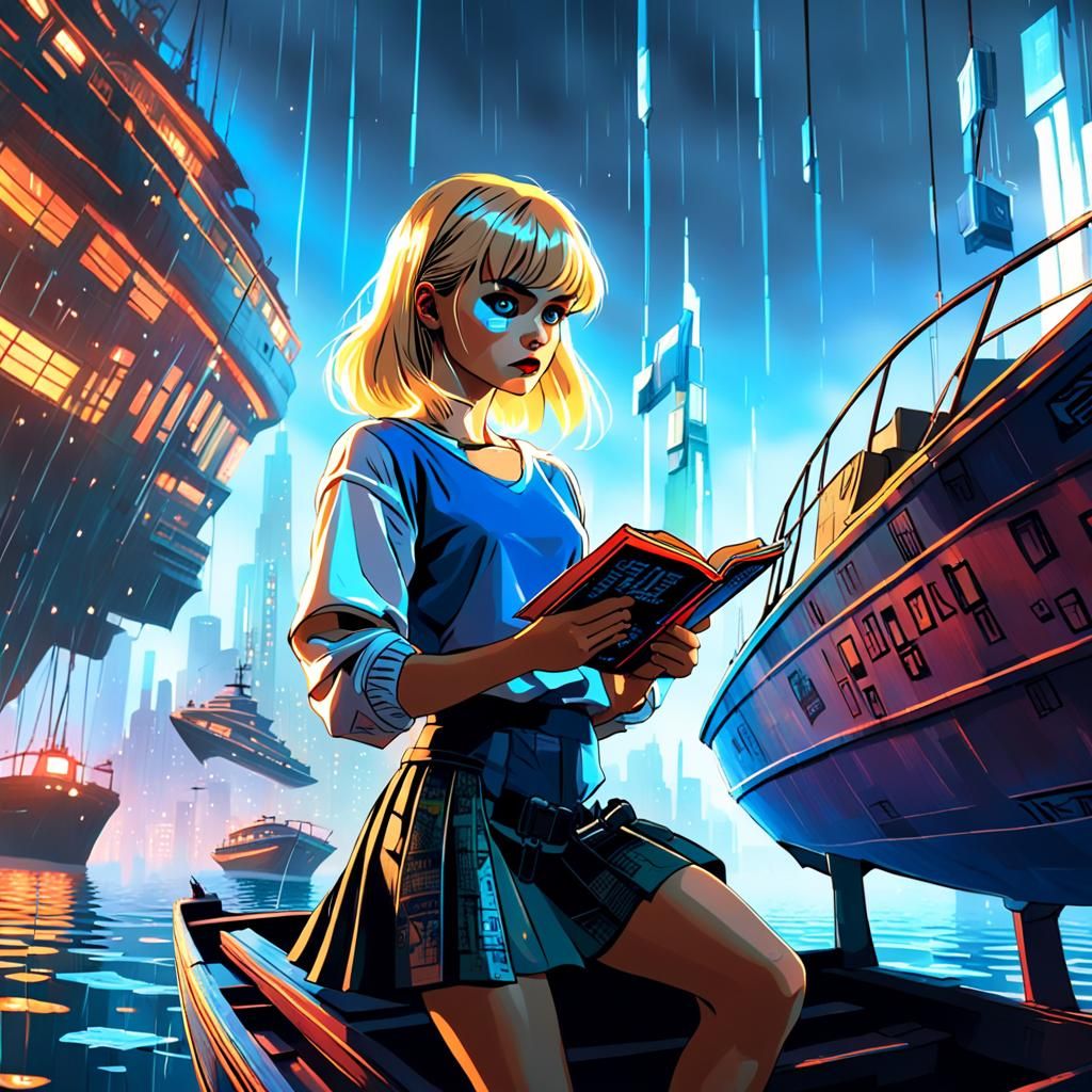 Cyberpunk Woman Reading on Boat in Neon City