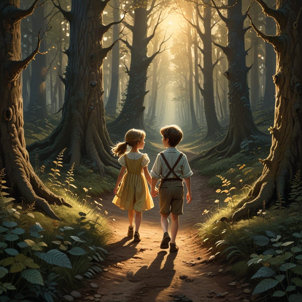 Hansel and Gretel in a Whimsical Storybook Forest