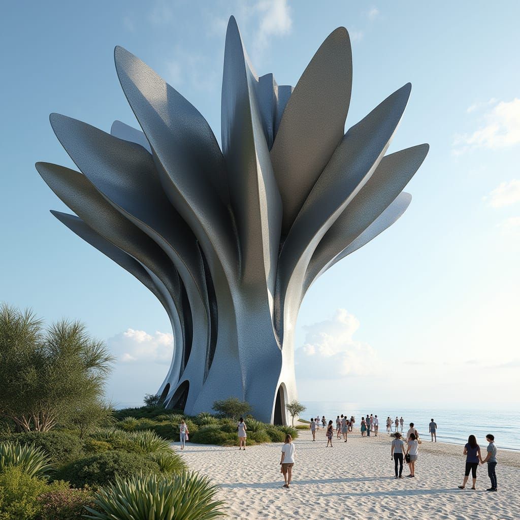 Futuristic Steel Sculpture Canopy Rises From Sea Sand