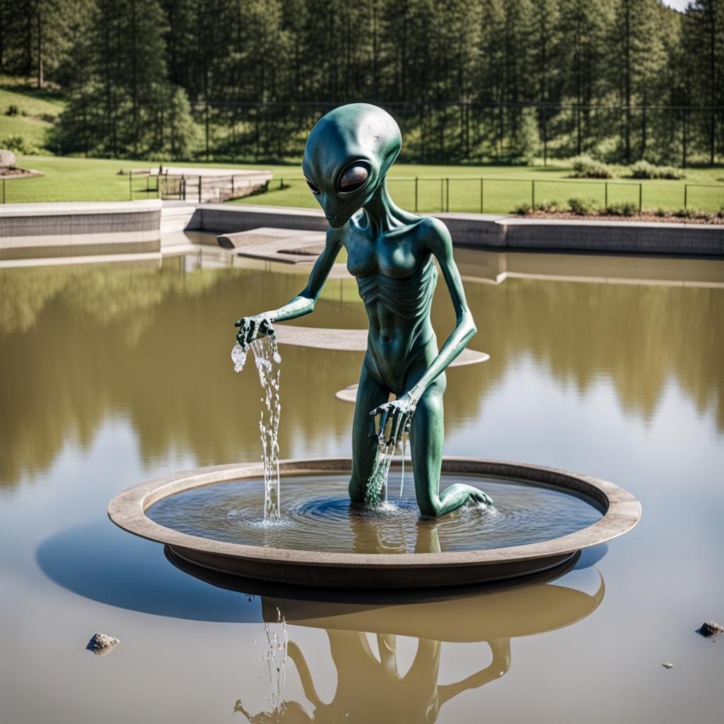 Futuristic Alien Statue Fountains Water