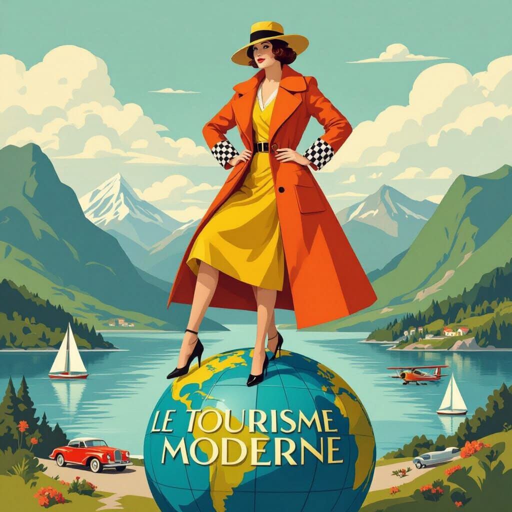 Art Deco Travel Poster of Woman on Globe