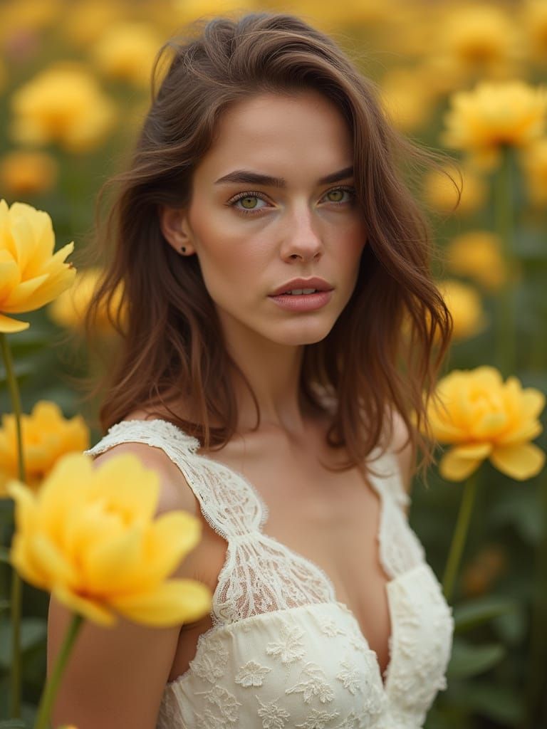 Charming Woman Among Yellow Peonies, Warm Autumn Light