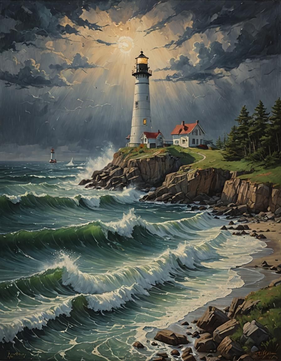 Lighthouse in Storm: Oil Painting by James Gurney Style