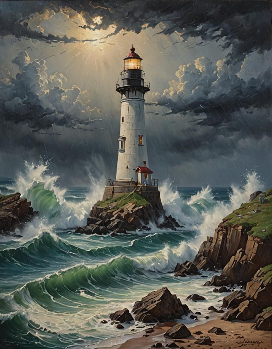 Lighthouse in Storm, Oil Painting by Gurney Style