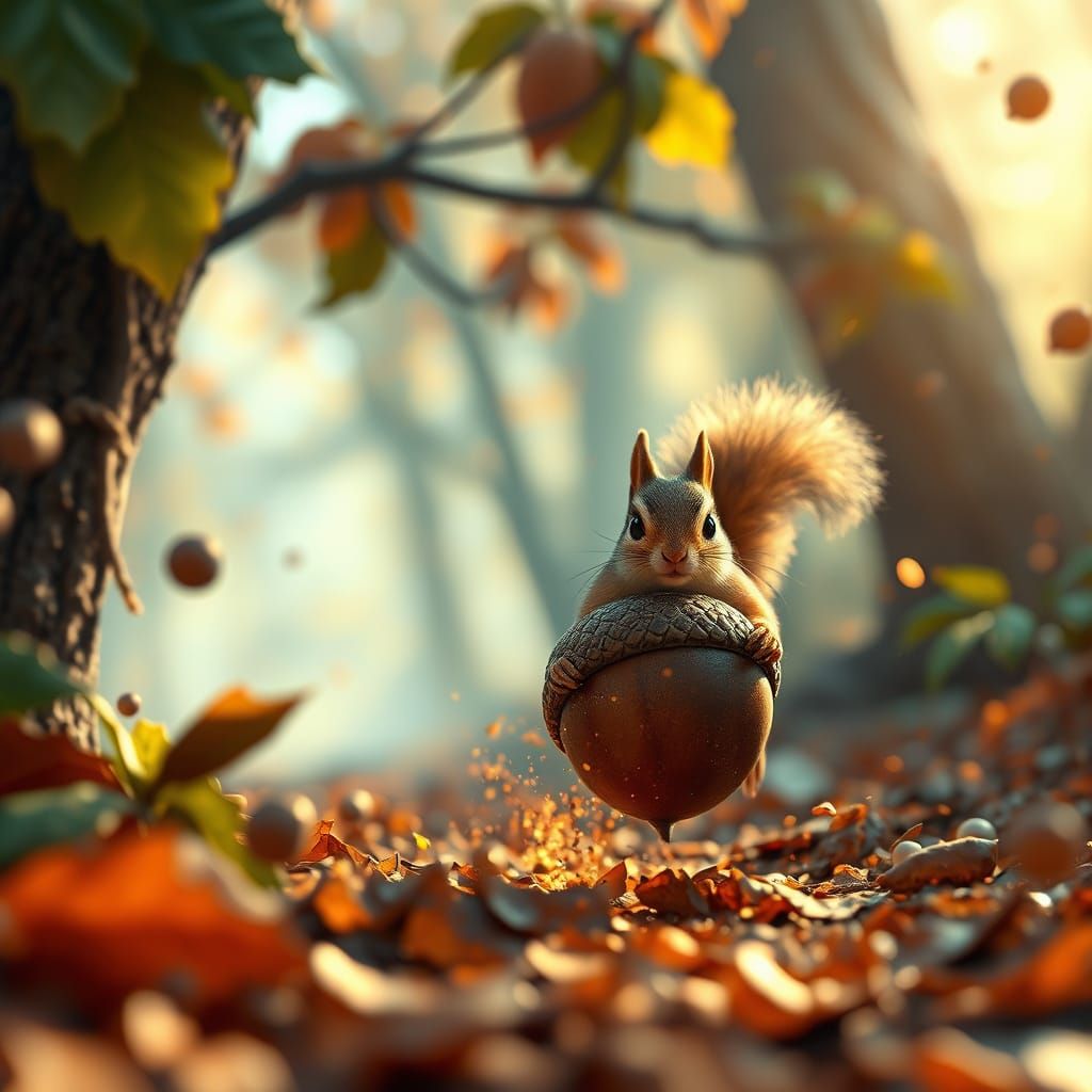 Chipmunk Chases Acorn Through Fantasy Landscape