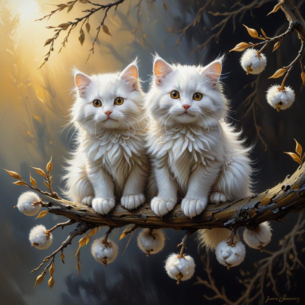 Whimsical Dark Fantasy Artwork with Fluffy White Furballs