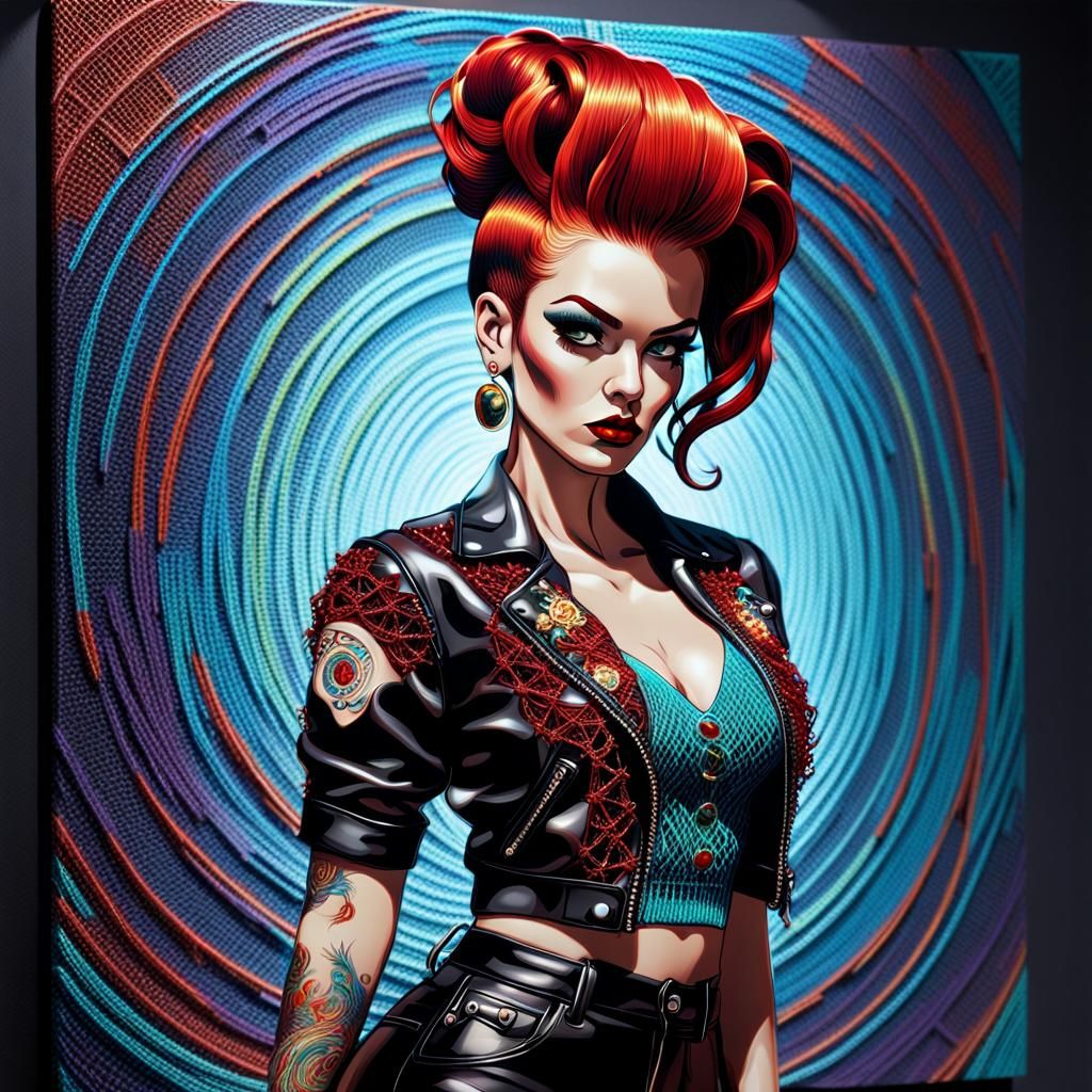 Vibrant Crochet Rockabilly Girl on Holographic Canvas