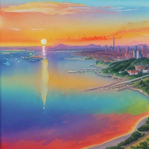 Impressionist Sunset Over Bay in Gouache Style