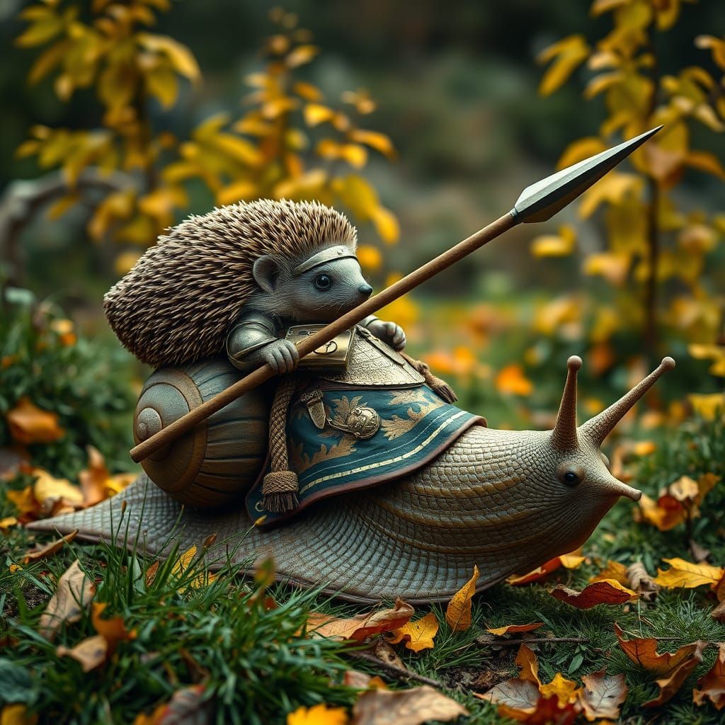 Surreal Autumn Landscape with Hedgehog Cavalry in Armour