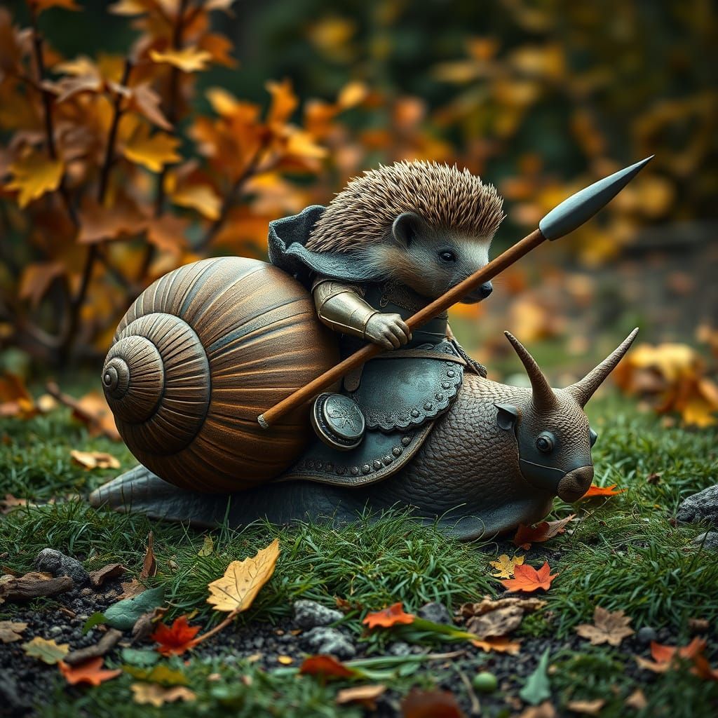 Hedgehog Warrior Rides Giant Snail in Autumn Garden
