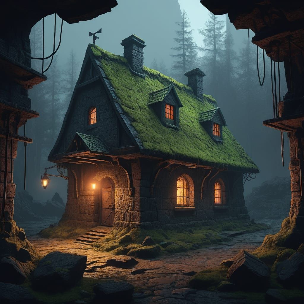 Medieval Dungeon in Dark, High-Contrast Style