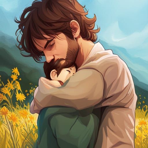 Father and Son Portrait in Flower Field, Digital Art