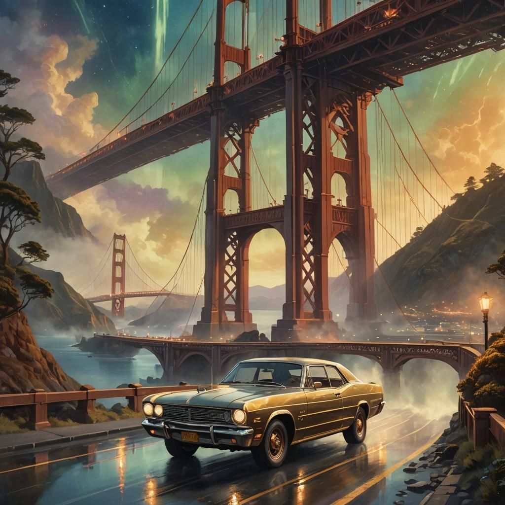 Car Supported by Golden Gate Bridge in Fantasy Art