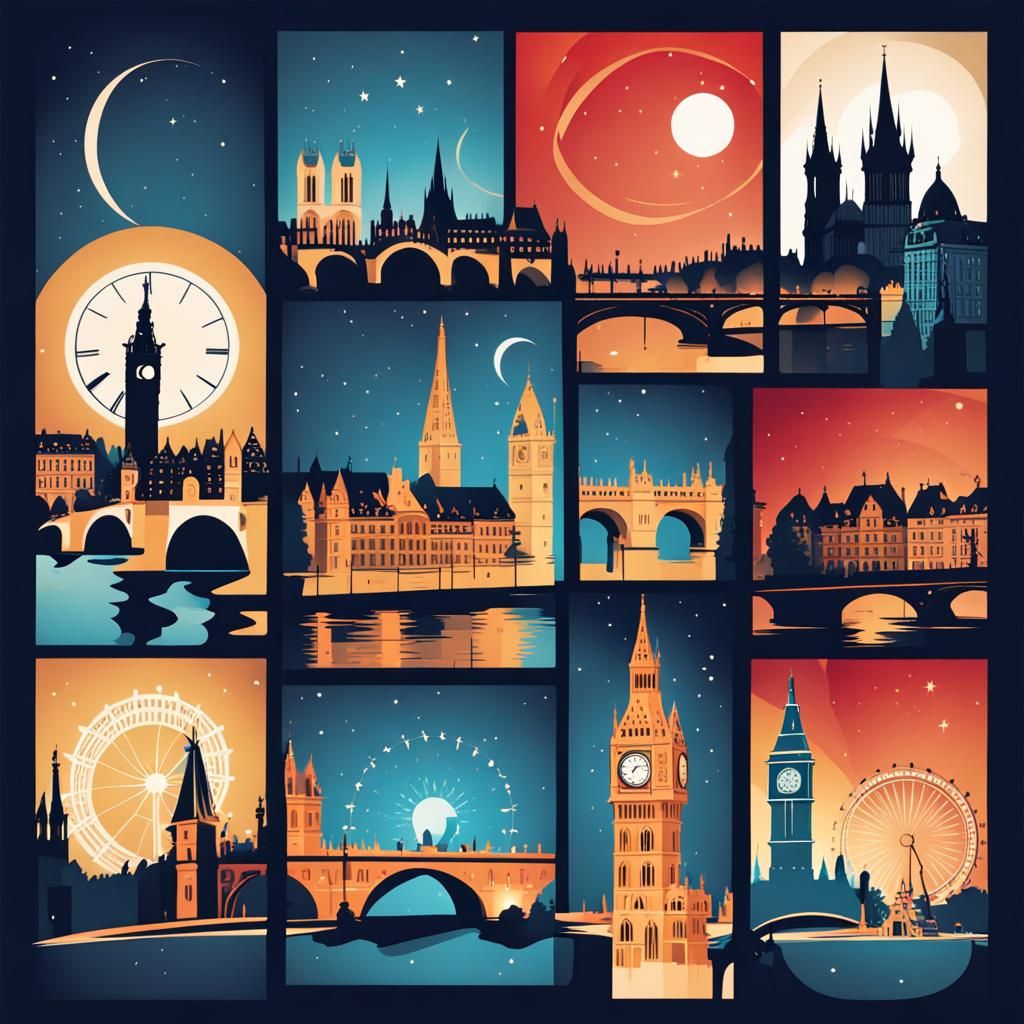 Abstract Cityscape Featuring European Landmarks