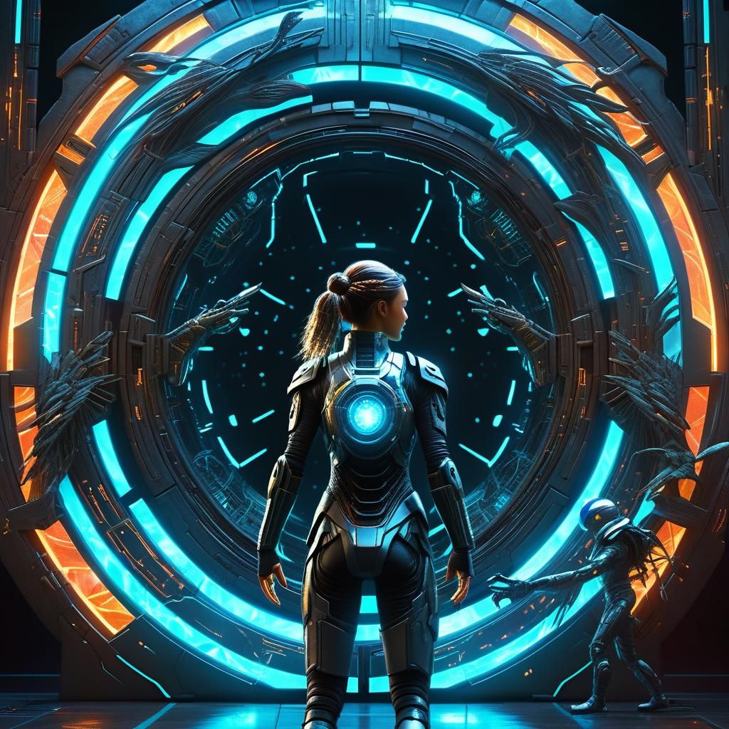 Cyberpunk Woman Enters Intergalactic Stargate Portal