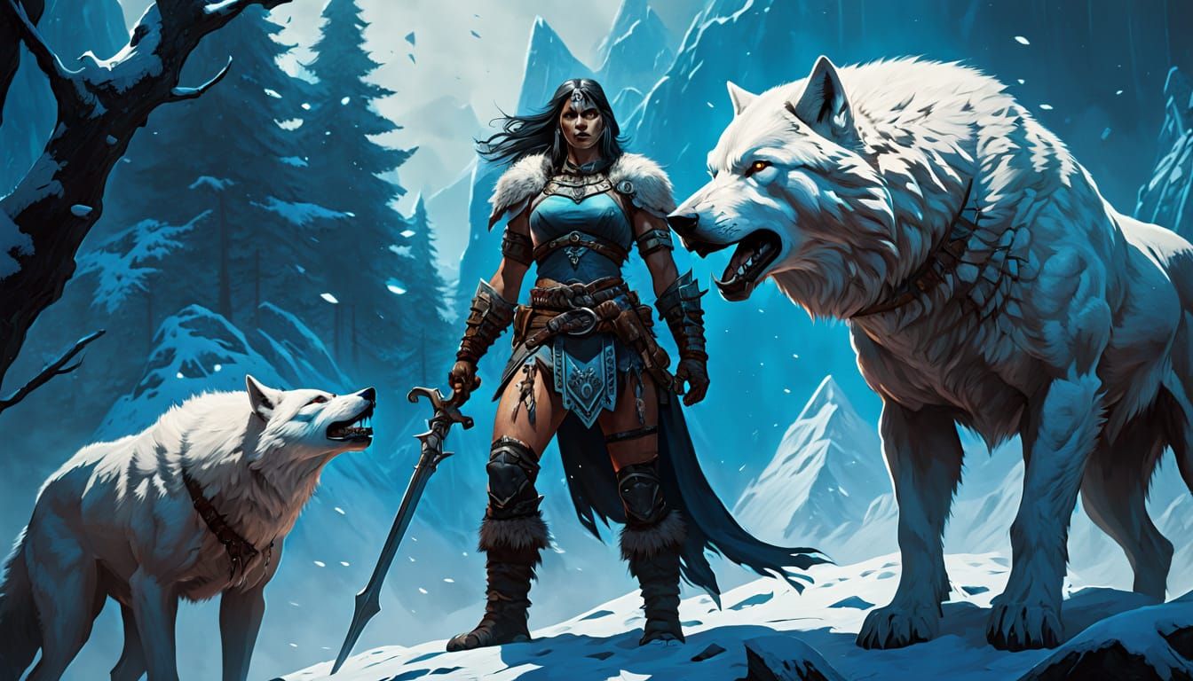 Barbarian Huntress in Snowy Forest with Wolves
